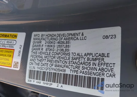 2023 Honda Accord Hybrid Sport from USA, damaged, VIN 1HGCY2F57PA059458